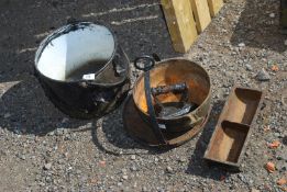 A range pot, griddle pan and small cast iron animal feeder 12" long x 4" wide.