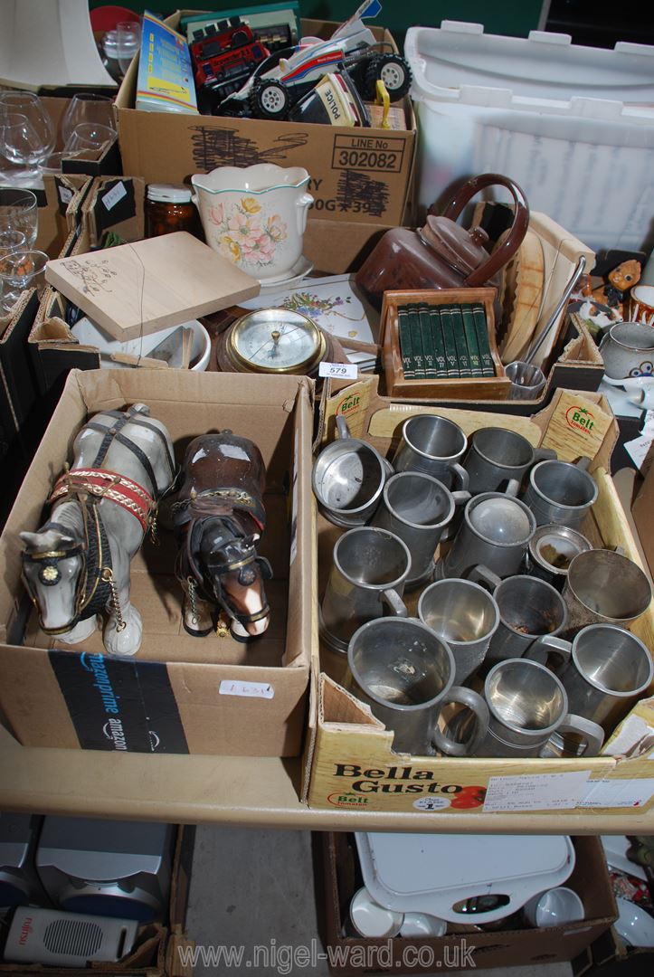 Three boxes of Pewter tankards, shire horses, kettle,