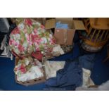 Two boxes of curtains, various sizes, with curtain rings, some a/f.