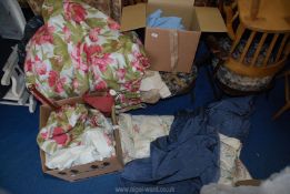 Two boxes of curtains, various sizes, with curtain rings, some a/f.
