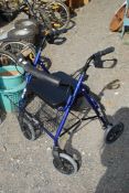 A walking aid with seat and basket.