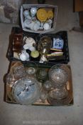 Three boxes of teapots, carriage clocks, glass bowls, etc.