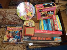 A box of miscellaneous games, Sindy bedside table, Frustration etc.
