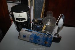 A Russell Hobbs coffee machine and a Kenwood food processor and stick blender.