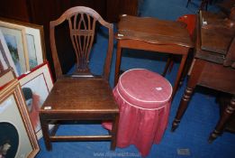 A small occasional table, peg-jointed wooden hall chair and a stool.