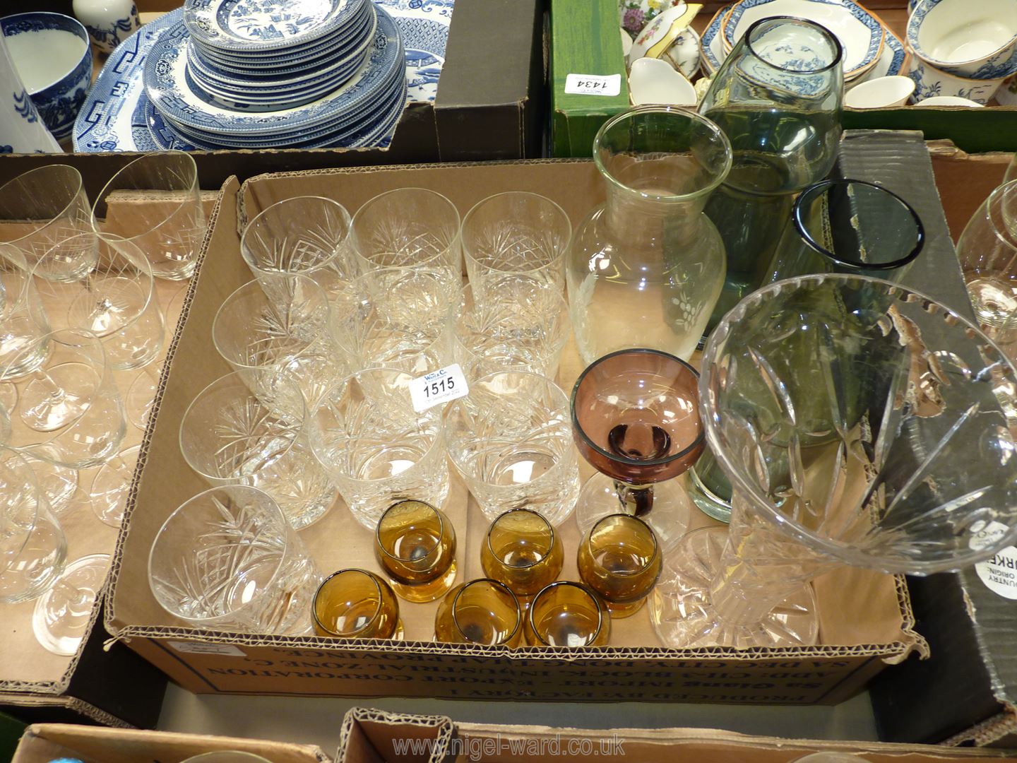 A quantity of glass to include ten cut glass whisky tumblers, two blue glass vases, - Image 2 of 2