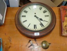 A Mahogany framed School Clock with fusee mechanism, pendulum and key, 12'' face.