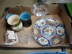 A small quantity of china including an Imari ware charger, Rumney pottery tankards,