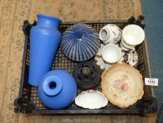 A quantity of china including two blue china vases, a pottery vase and covered bowl, Wedgwood vase,