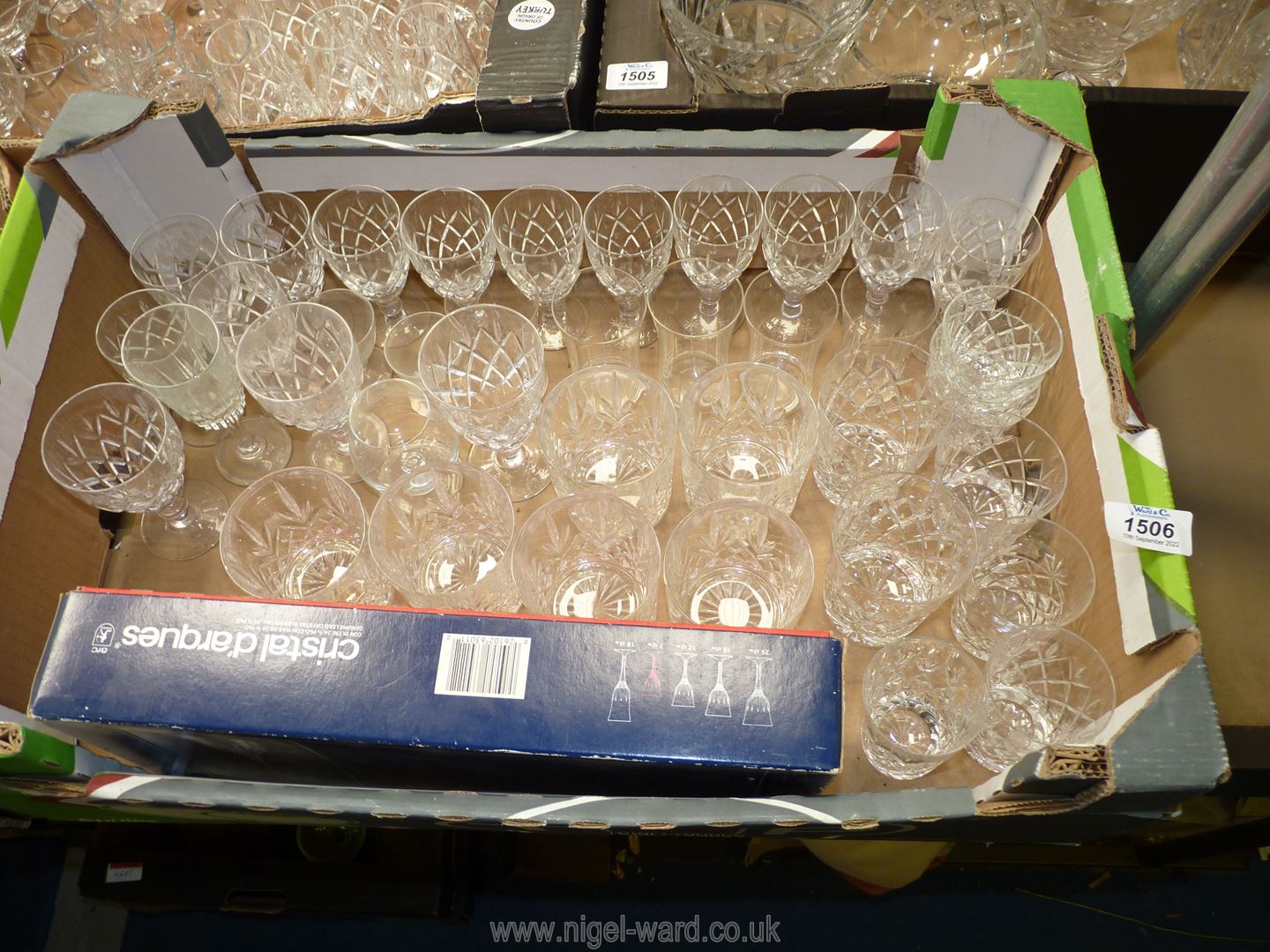 A box of 'Cristal d'arques' glasses, tumblers, Thomas Webb & Corbett sherry glasses, port, etc.