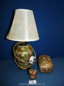 A papier mache Table lamp with pressed leaf shade (base of lamp to top of shade 15") and two papier