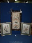 A pair of Oriental silk on silk embroideries of Prunus and Peacocks, signed in needlework,