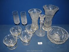 A small quantity of cut and etched glass to include Tudor fruit bowl, candlestick, vases,