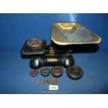 A set of Weylux scales with brass pan and two sets of weights,