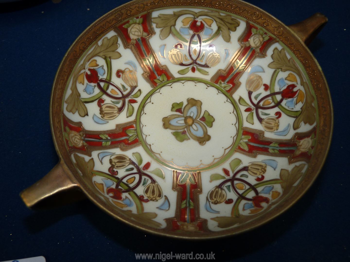 Five Noritake highly hand-painted two handle soup dishes having embossed gilt rims (some rubbing to - Image 4 of 5