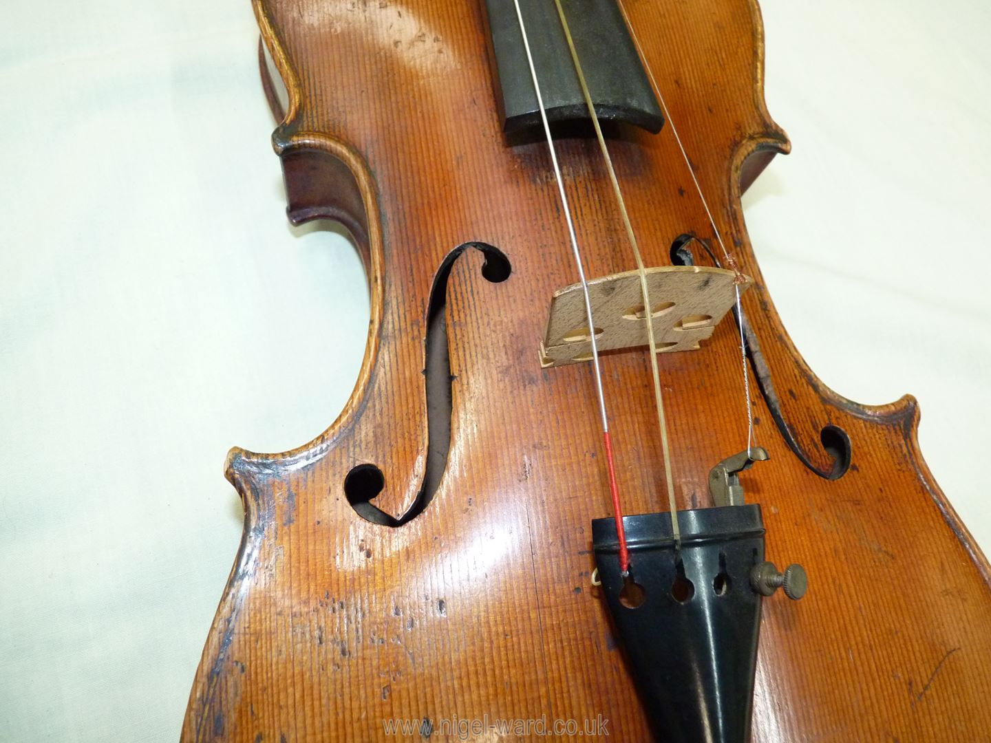 An antique violin having a well-carved scroll and nicely figured body including the back, - Image 19 of 49