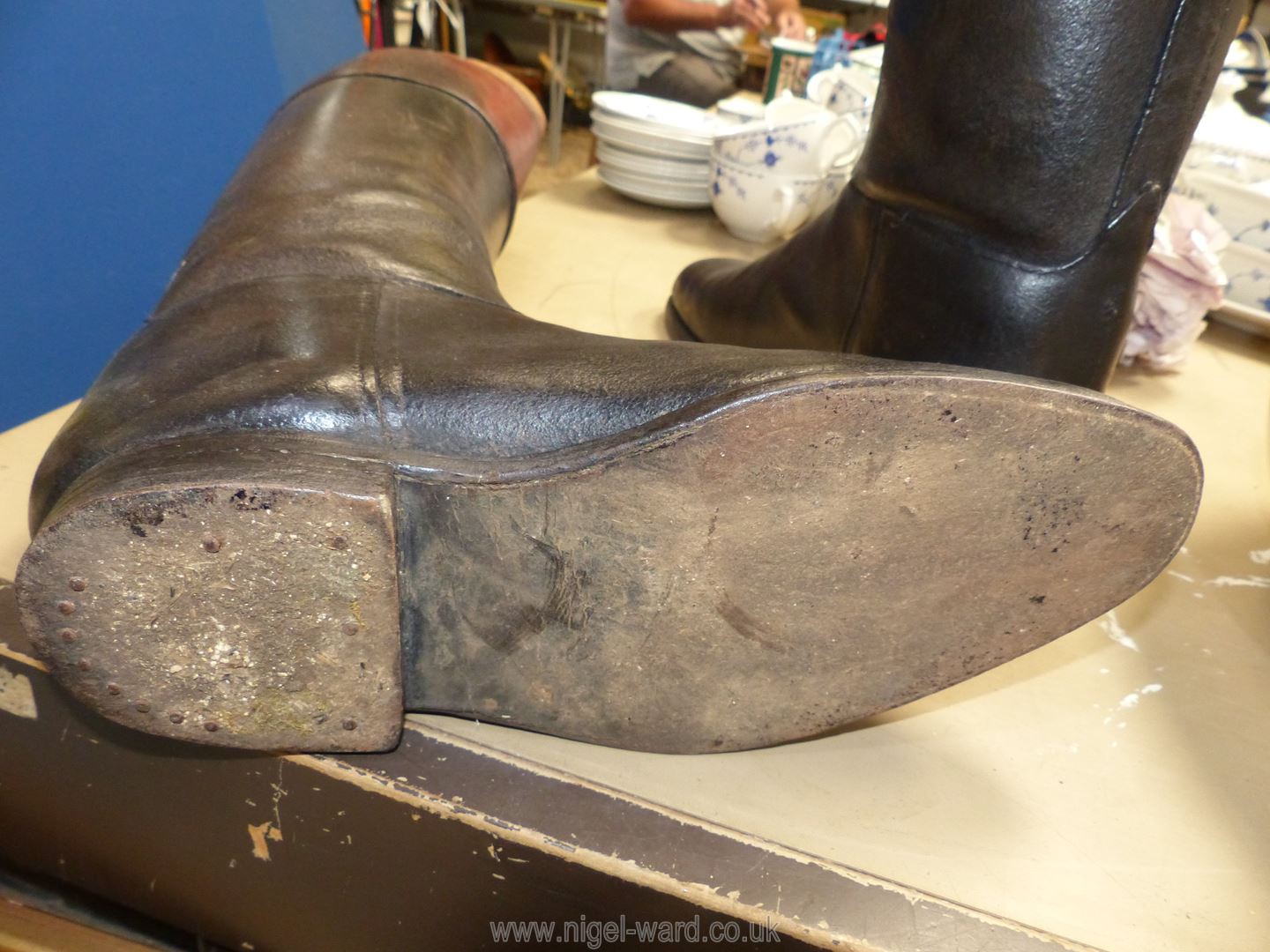 A pair of circa 1950's Two Tone Brown & Black leather Hunting Boots made by John Lobb with trees, - Image 4 of 15