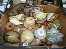 A quantity of studio pottery to include 'Tremar' lamb, 'Kenilworth Potter' owl plaque,