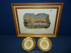 A framed and glazed tapestry of Mount Vernon (14 1/2" x 18") plus a pair of Florentine sepia