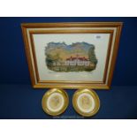 A framed and glazed tapestry of Mount Vernon (14 1/2" x 18") plus a pair of Florentine sepia