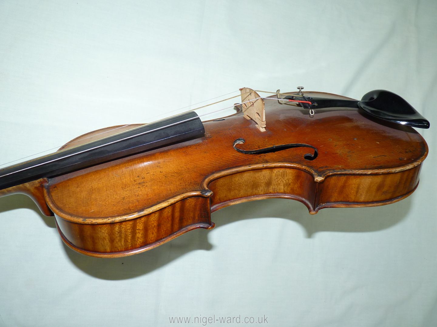 An antique violin having a well-carved scroll and nicely figured body including the back, - Image 16 of 49