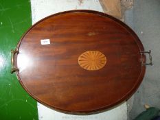 A large Mahogany two handled oval butler's tray with inlay to centre,