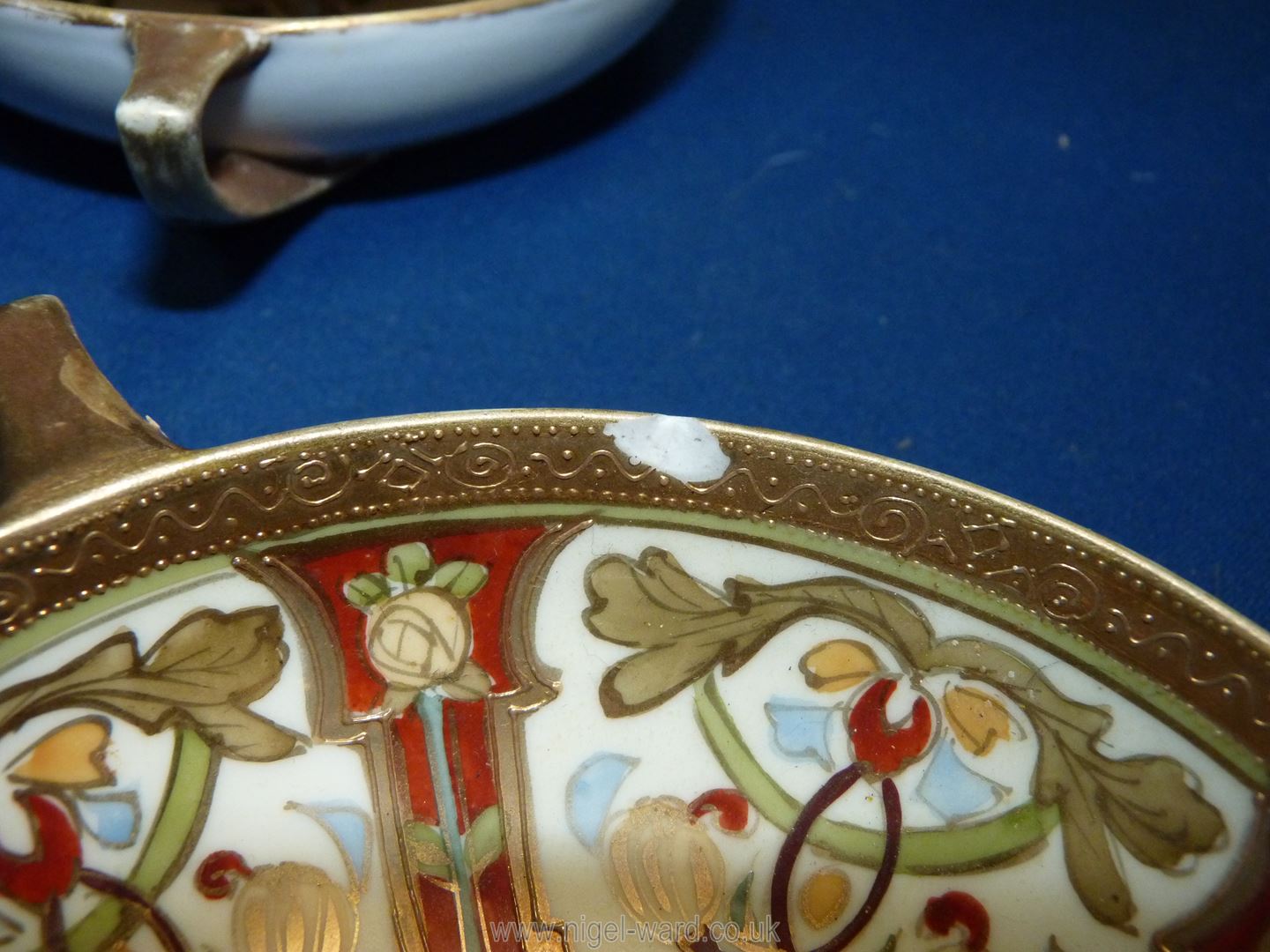 Five Noritake highly hand-painted two handle soup dishes having embossed gilt rims (some rubbing to - Image 5 of 5