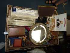 A box of miscellanea to include; collars, gloves, tins, fans, tea caddy, Viewfinder, vesta case,