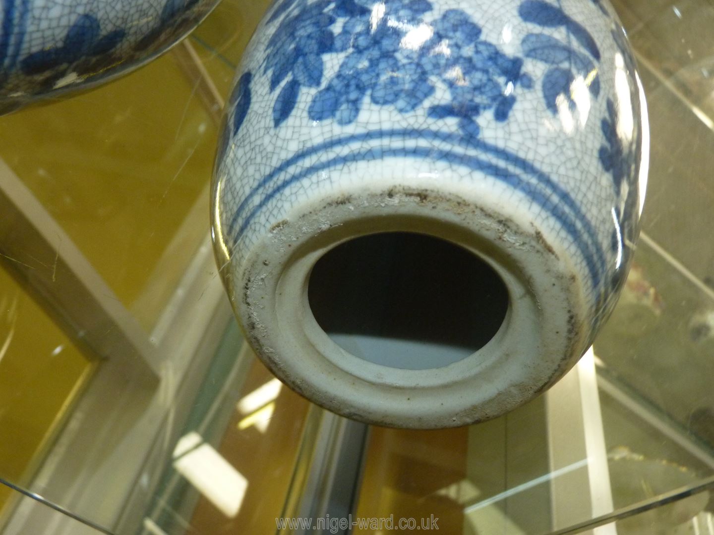 A pair of blue and white crackle glaze oriental egg shaped ornaments, 10'' tall.. - Image 2 of 2