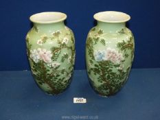 A pair of late 19th c. Japanese Celadon Vases with raised decoration of prunus (one chipped).