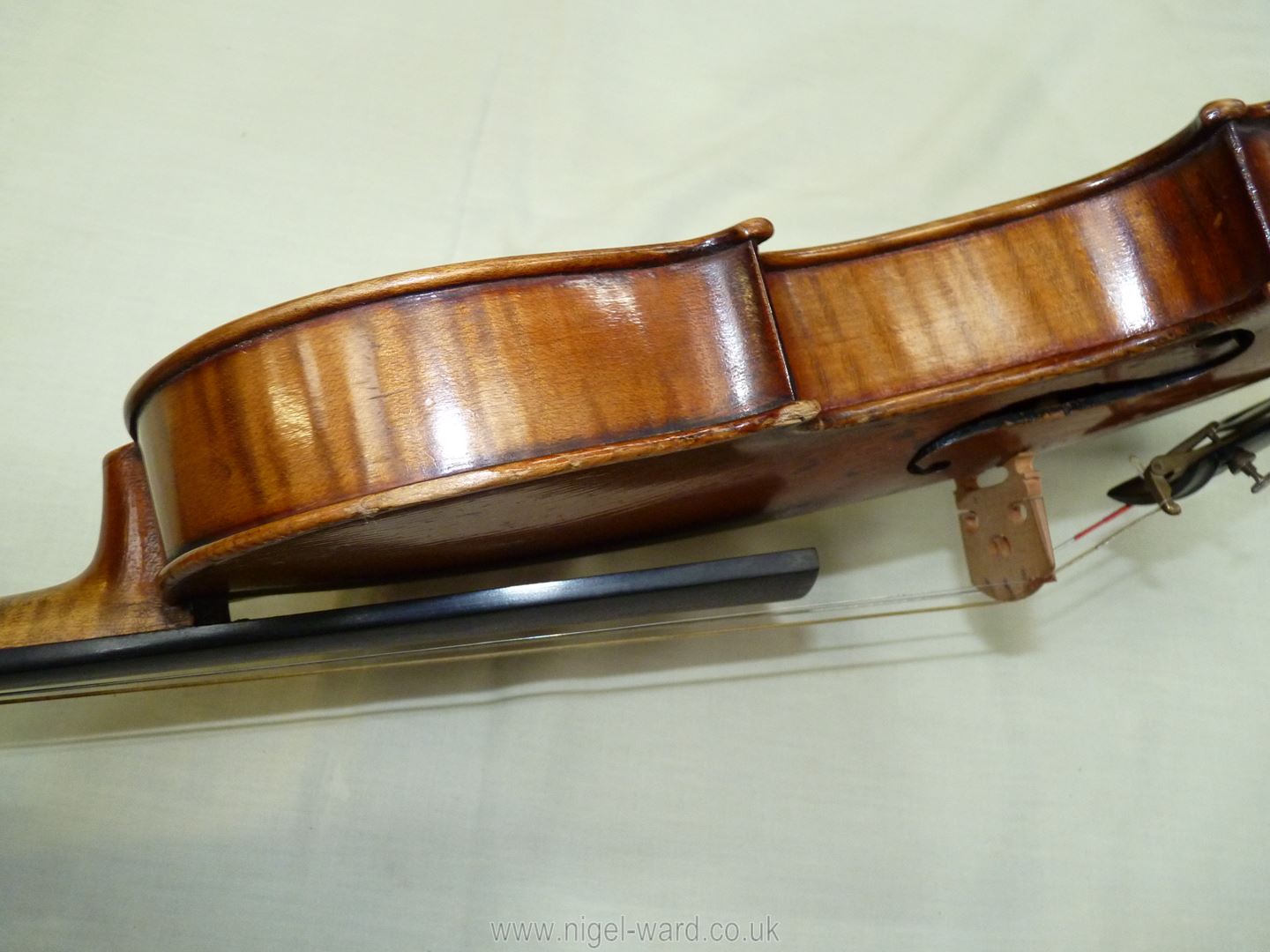 An antique violin having a well-carved scroll and nicely figured body including the back, - Image 21 of 49