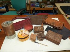 A quantity of miscellanea including olive wood Jerusalem box, carved box, vintage leather handbags,