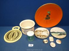 A small quantity of pottery including LE Sweden plate in orange with gilt and stylized fish