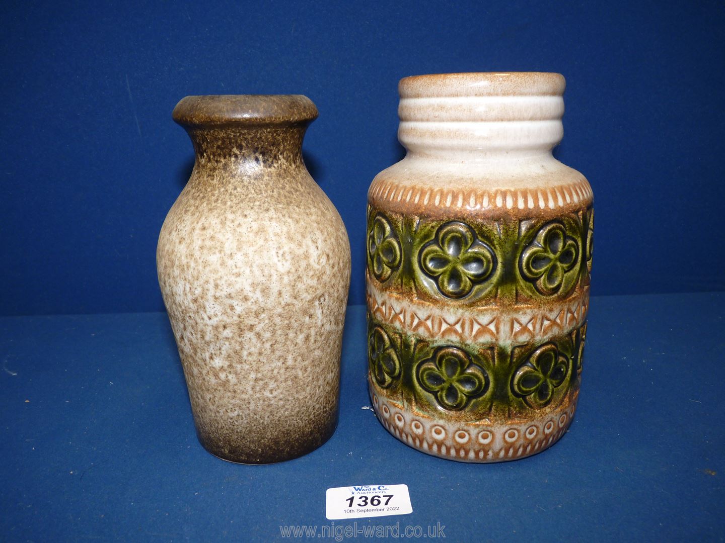 Two small West German pottery Vases "523-13 " and "299-18 " 7 1/4'' and 7 1/2'' tall