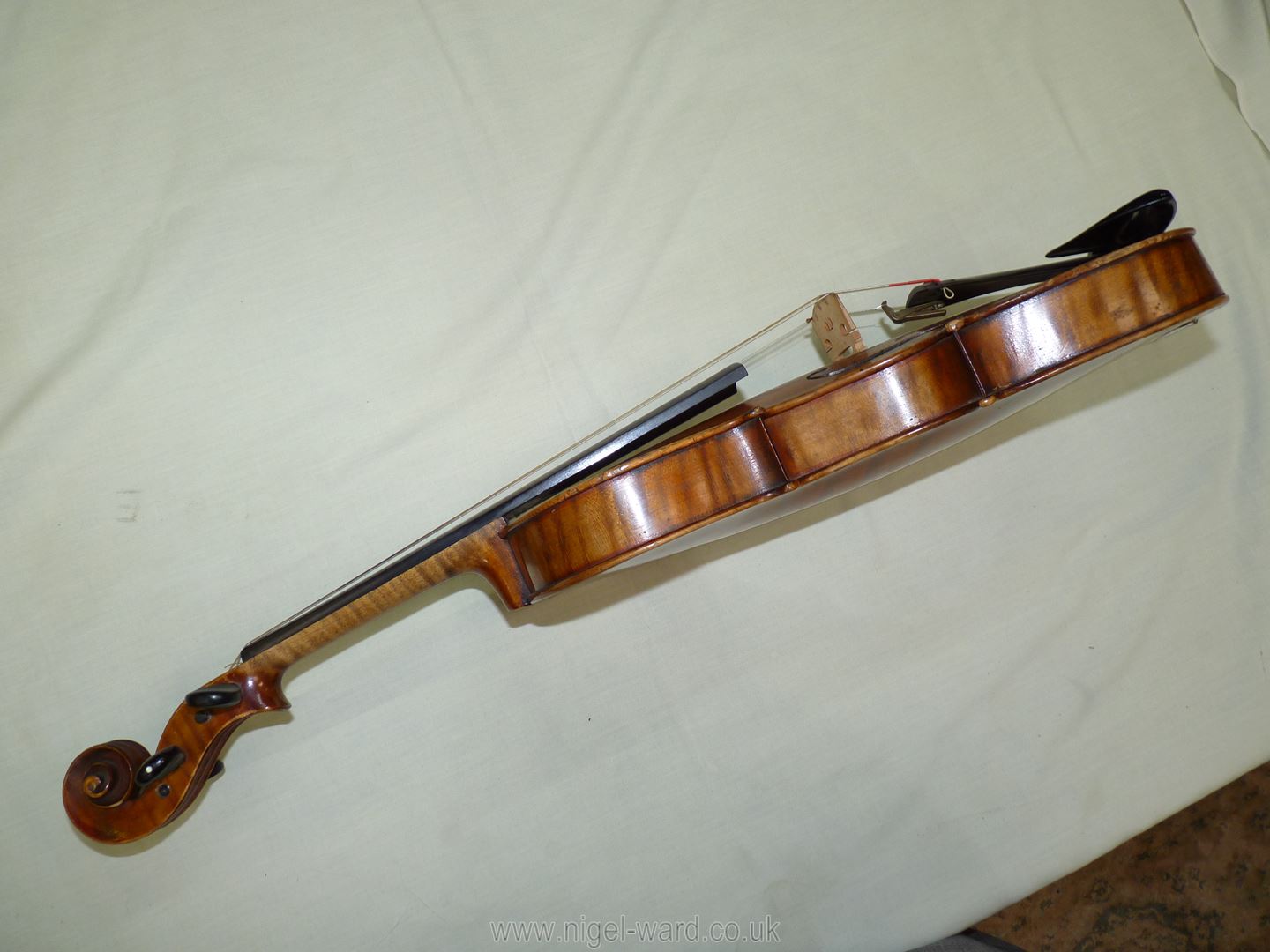 An antique violin having a well-carved scroll and nicely figured body including the back, - Image 6 of 49