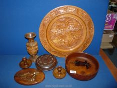 A very large carved treen platter (18" diameter), a treen fruit bowl, carved bowl & lid,