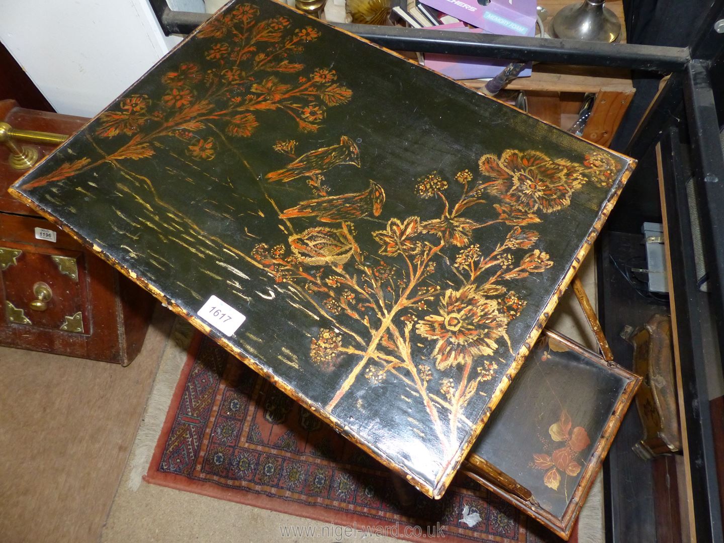 A Bamboo Conservatory/Occasional Table having lacquered top illustrating birds in branches near a - Image 3 of 3