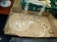 A quantity of glass items to include two ships decanters, Italian dog, bowl, cake stand, etc.