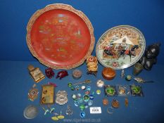 A quantity of small miscellanea including a leather bound trinket box, match holder/striker,