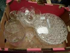 A quantity of glass to include cake plates, sugar bowl, knife rests, vase, liquor glasses, etc.