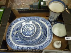 A quantity of Willow pattern china including Churchill, Myott, etc,