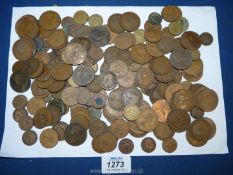 A quantity of pre decimal pennies and halfpennies, threepenny bits, farthings etc.