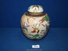 A large Chinese crackleware ginger Jar decorated in enamels with a battle scene,