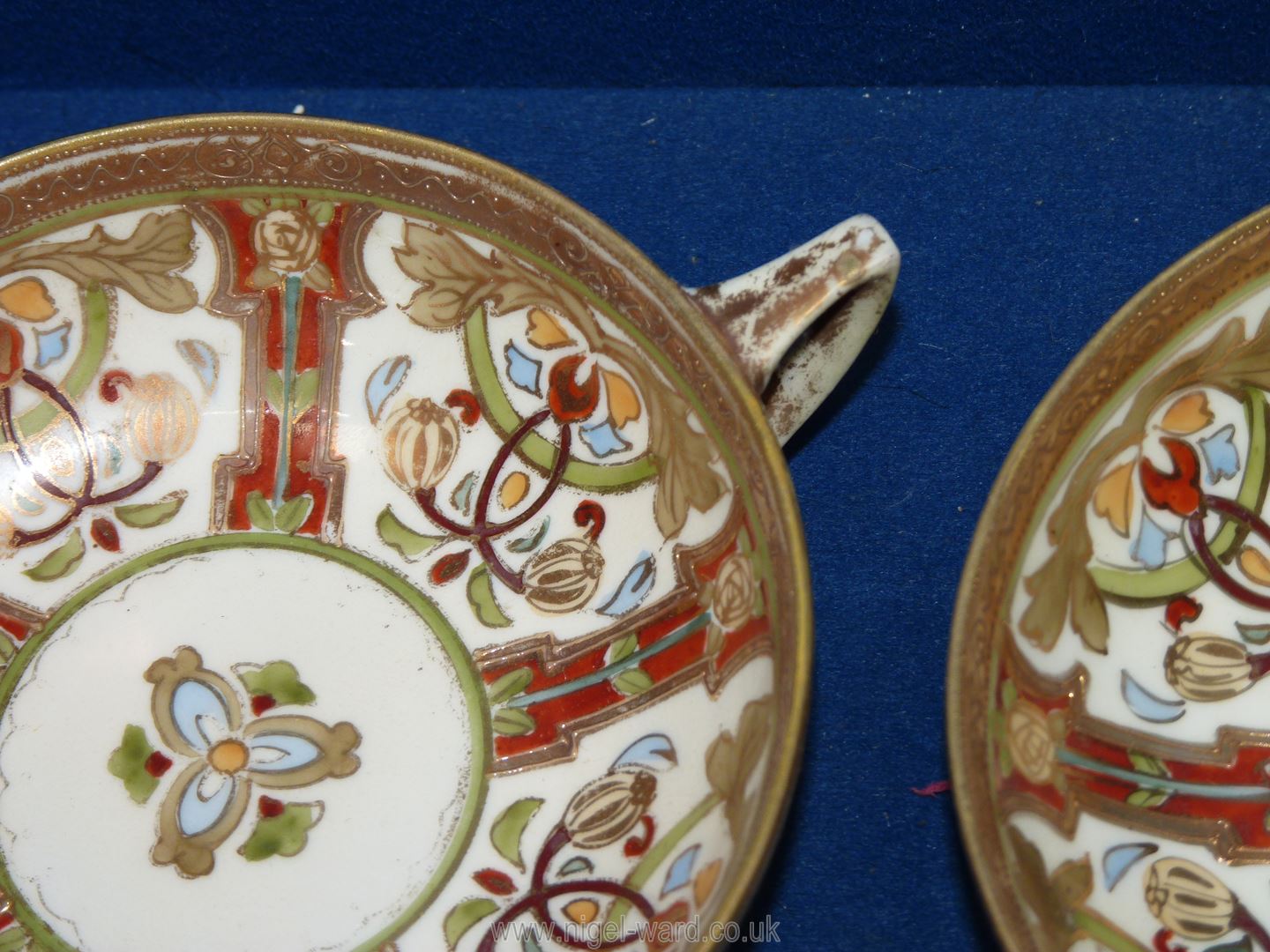 Five Noritake highly hand-painted two handle soup dishes having embossed gilt rims (some rubbing to - Image 2 of 5