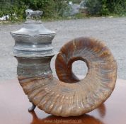 An unusual curled Ram's Horn having a hinged lidded E.P.B.