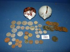 Two Mice money boxes with contents, old pennies, miscellaneous old coinage etc.