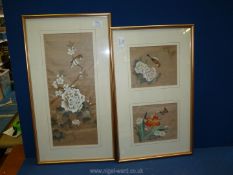 A pair of bird and floral pictures on silk, each 6 1/4'' x 7'' and another floral picture on silk,