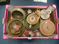 A quantity of studio pottery to include 'Leach' pottery tureen, 'Langley' hors d'oeuvre dishes,