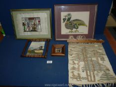 A quantity of miscellanea including framed woven landscape with trees,