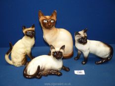 Four Siamese cats including Sylvac seated cat with slight chip to one ear 8¾" tall,